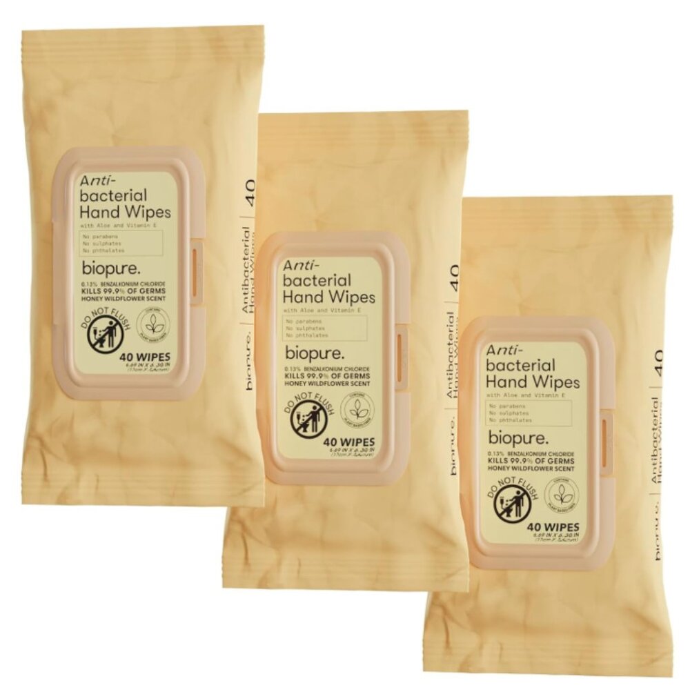 3 Pack of Biopure Anti-Bacterial Hand Wipes - Honey Wild Flower Scent, 120 ct.